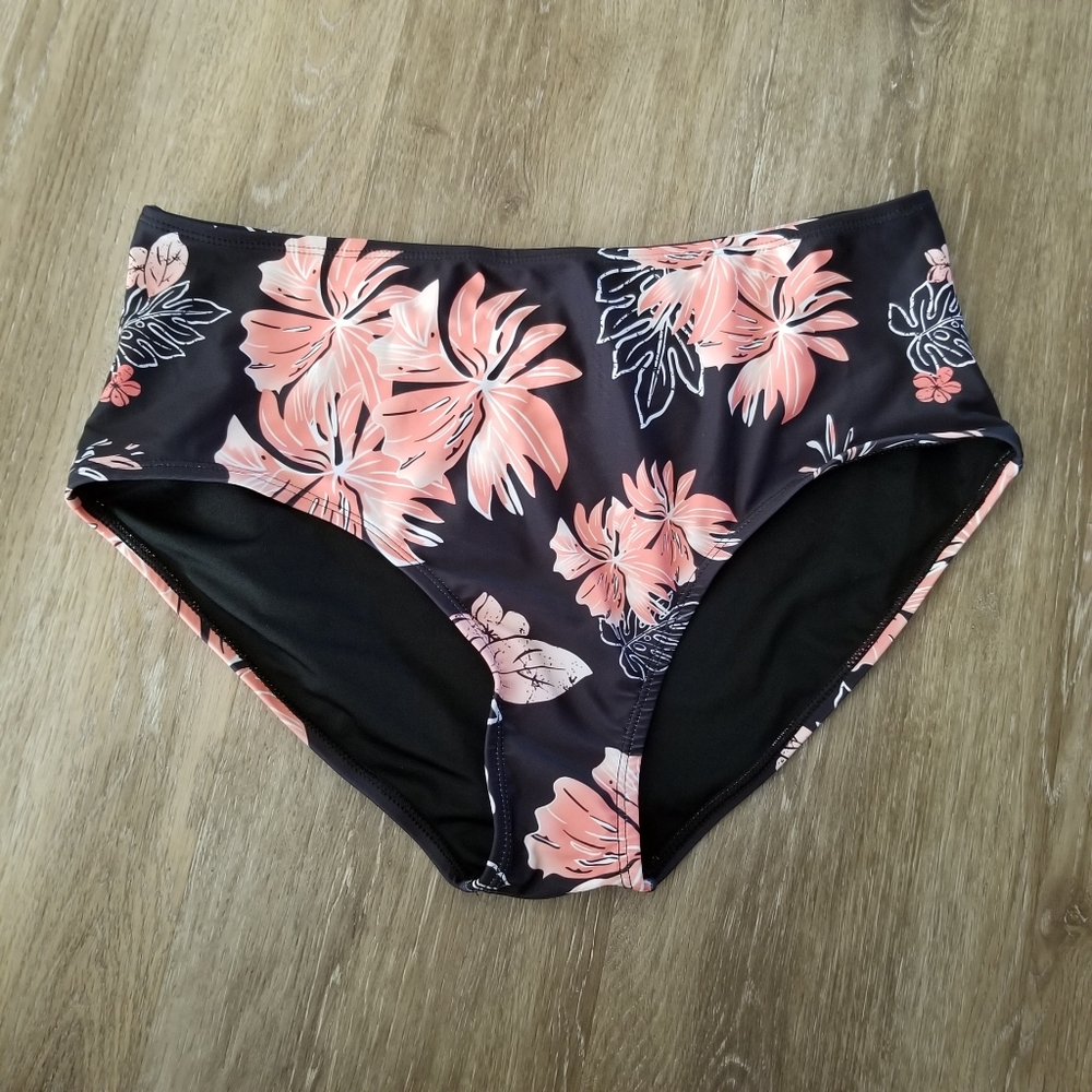 NWOT Holipick Black Orange Floral Print Bikini Bottom Size Large